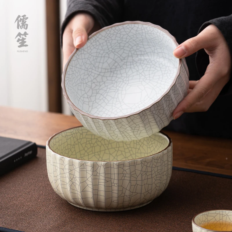 儒笙汝窑家用茶洗开片可养茶线陶瓷茶具小茶渣缸金丝铁线泉德堂