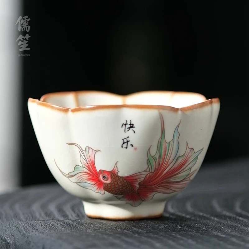 儒笙金鱼牡丹杯汝窑主人杯手工品茗单杯功夫茶盏喝茶杯子邱卫国