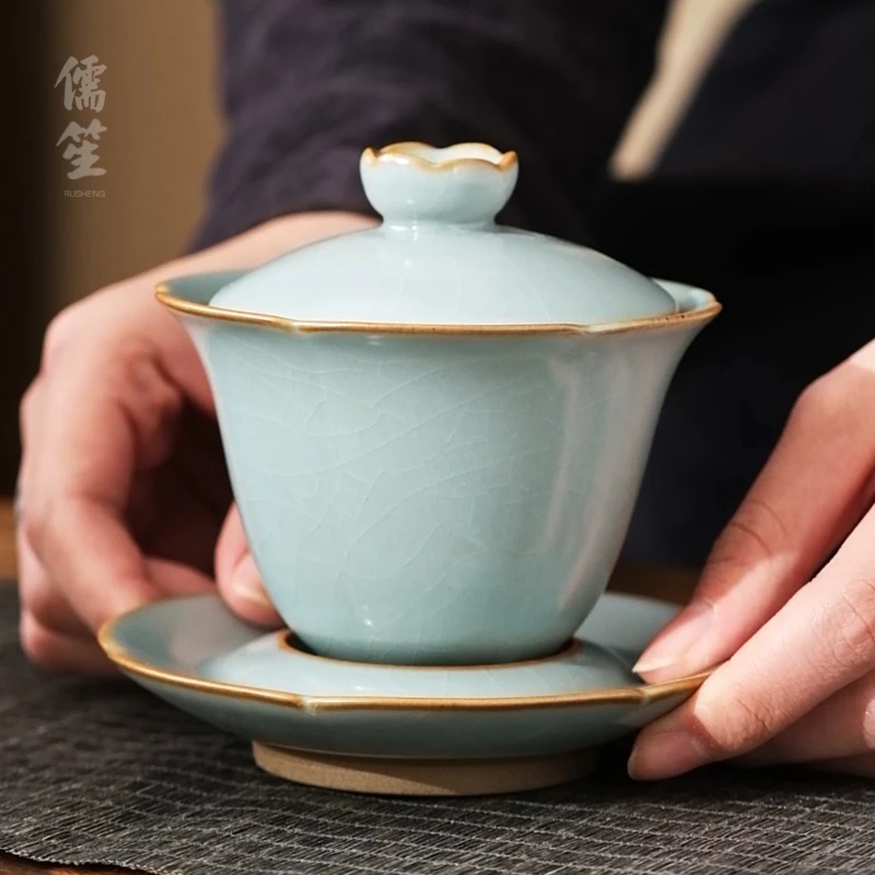 一路莲升天青汝窑盖碗专用泡茶碗茶具汝瓷三才杯陶瓷茶具邱卫国