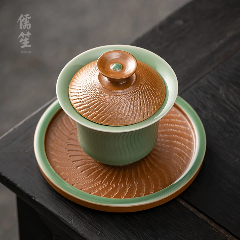 儒笙手工跳刀三才盖碗高端功夫不烫手大容量茶碗家用茶具泡茶专用