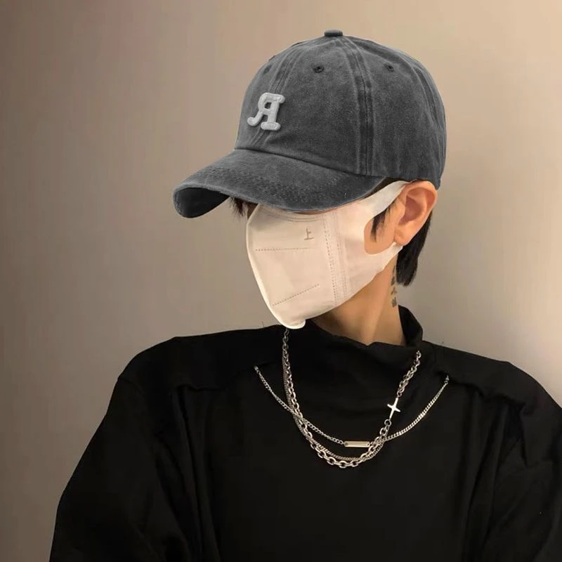 R标做旧棒球帽男大头围显脸小百搭运动帽子男韩版牛仔鸭舌帽潮