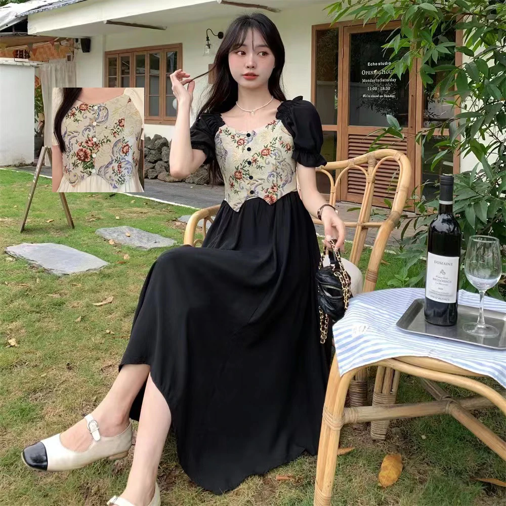 大码微胖宫廷风方领复古拼接显瘦收腰连衣裙女夏季新款仙女裙裙子