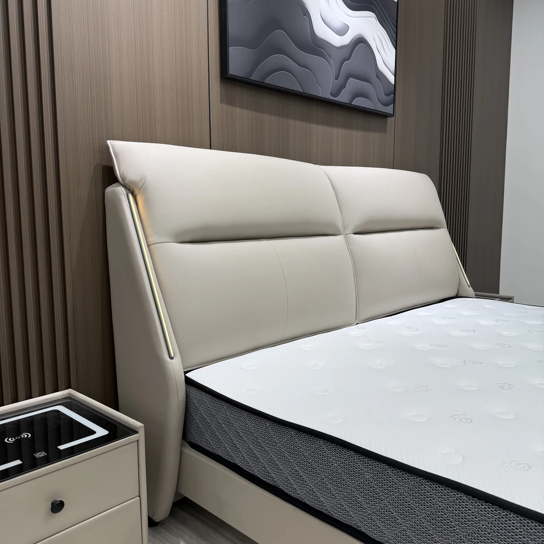 ST815-2#主卧现代牛皮床实木次卧床轻奢高级2024新款皮床简约家用