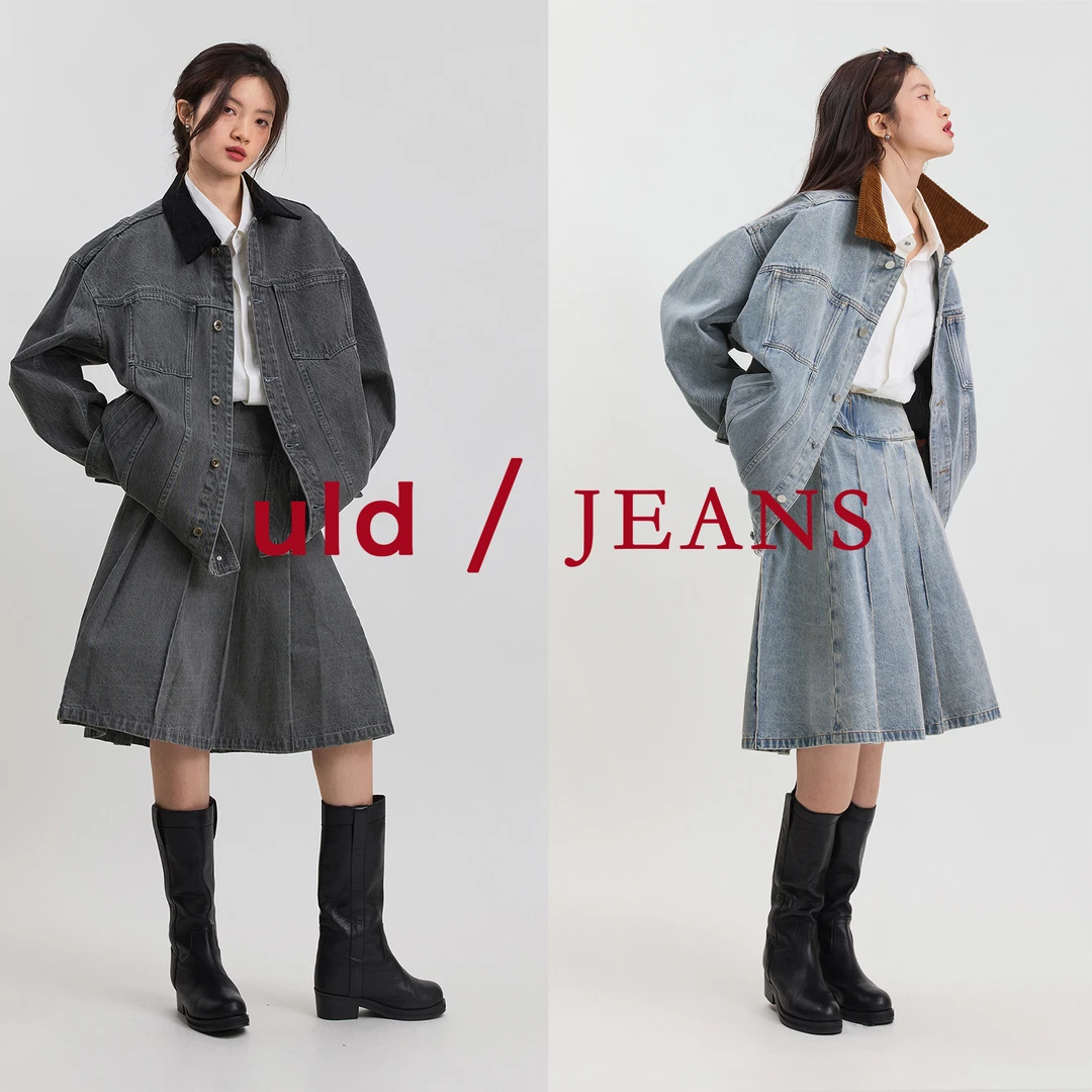 ULD/经典denim系列 雾面雪花水洗工艺中古牛仔百褶半裙