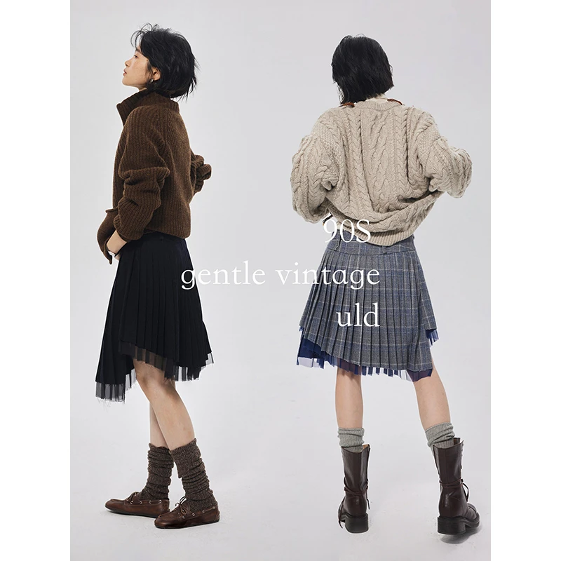 ULD/90s摩登复古手工定位压褶不规则羊毛拼接纱冬日百褶裙QC