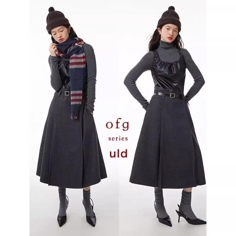 ULD/90s中古gentlewoman油蜡拼接复古人字纹羊毛中古风连衣裙QC