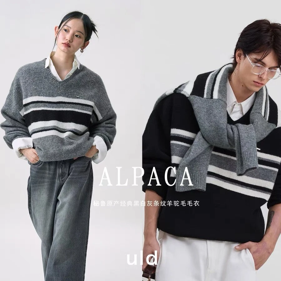 ULD/中古学术风alpaca羊驼毛小v领vintage条纹撞色毛衣