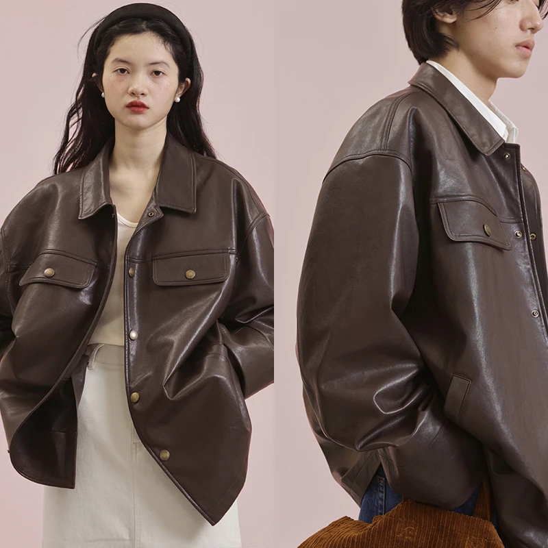 ULD/100绵羊皮真皮vintage微皱肌理a-2皮衣外套棕色夹克男女同款