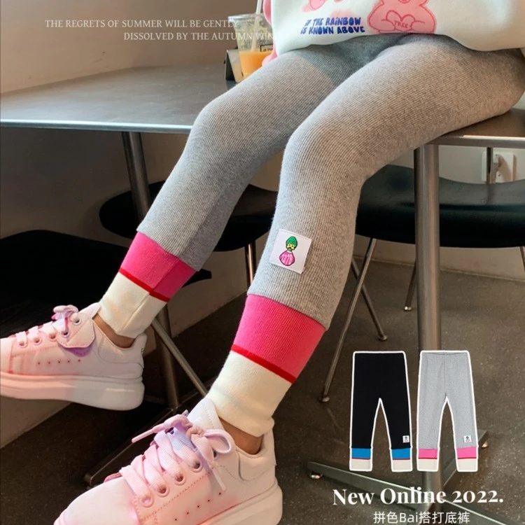 女童秋季新款裤脚拼接百搭打底裤外穿长裤春秋裤子洋气22K944