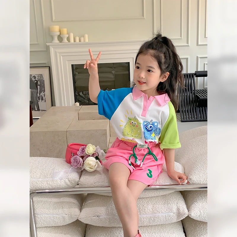 【图妈】夏季新款女童撞色童趣Polo领短袖T恤宽松上衣