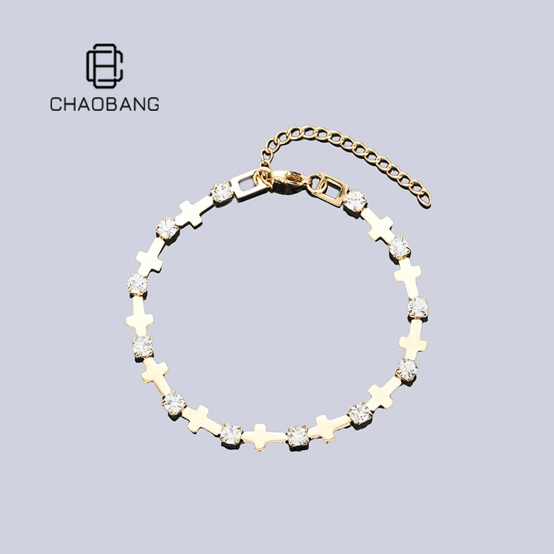 chaobang/潮邦 钛钢合成锆石手链 十字架锆石拼接手链小众可调节