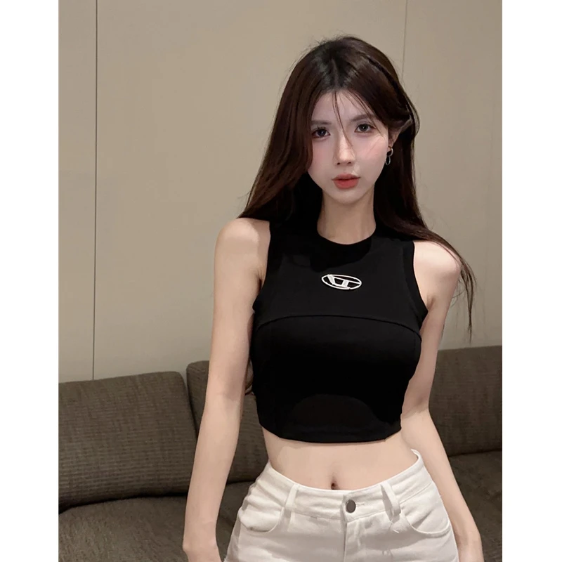 纯色美式字母背心吊带夏季纯欲辣妹收腰修身显瘦露短款无袖上衣