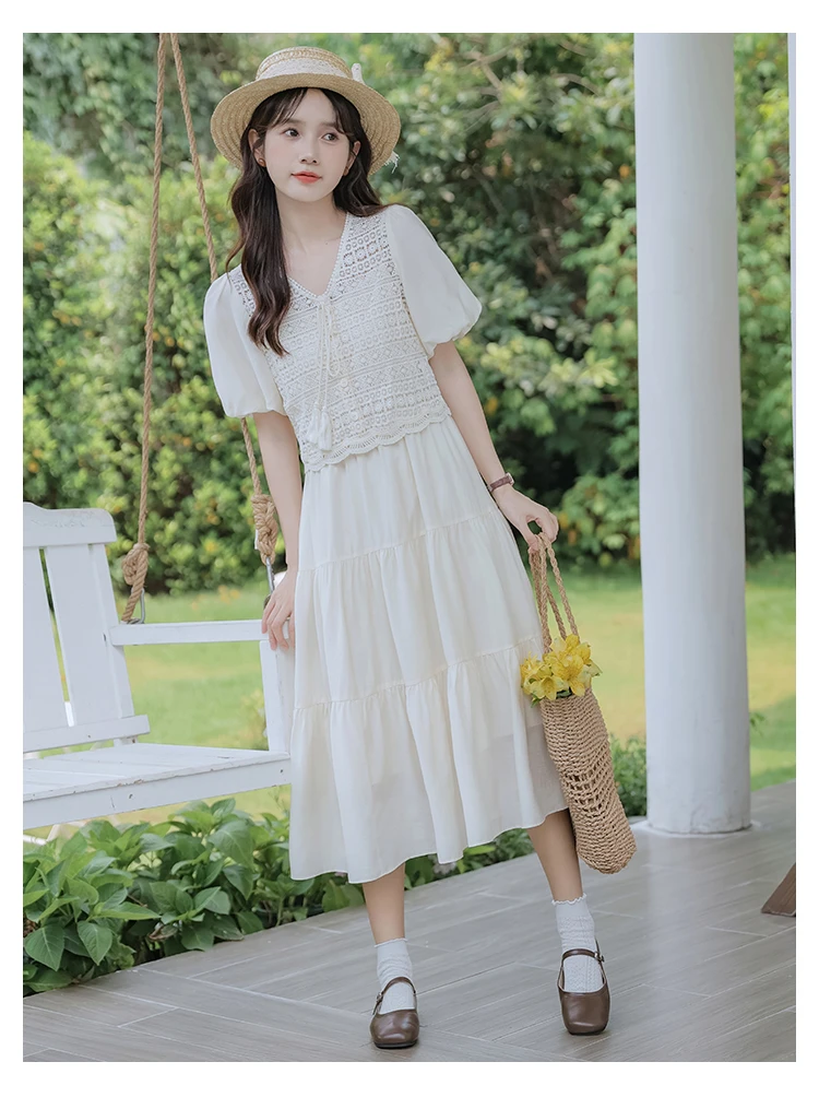法式白色超仙吊带连衣裙套装女夏季小个子2024新款镂空上衣两件套