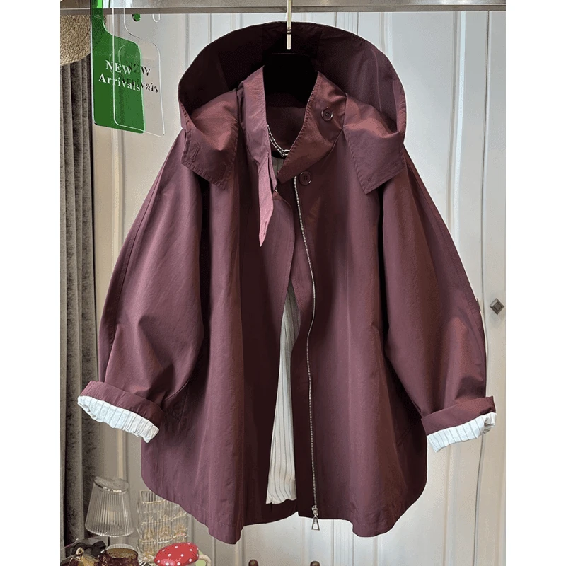 欧洲站高领连帽安可拉红风衣女外套独特宽松休闲时尚2024秋季新款