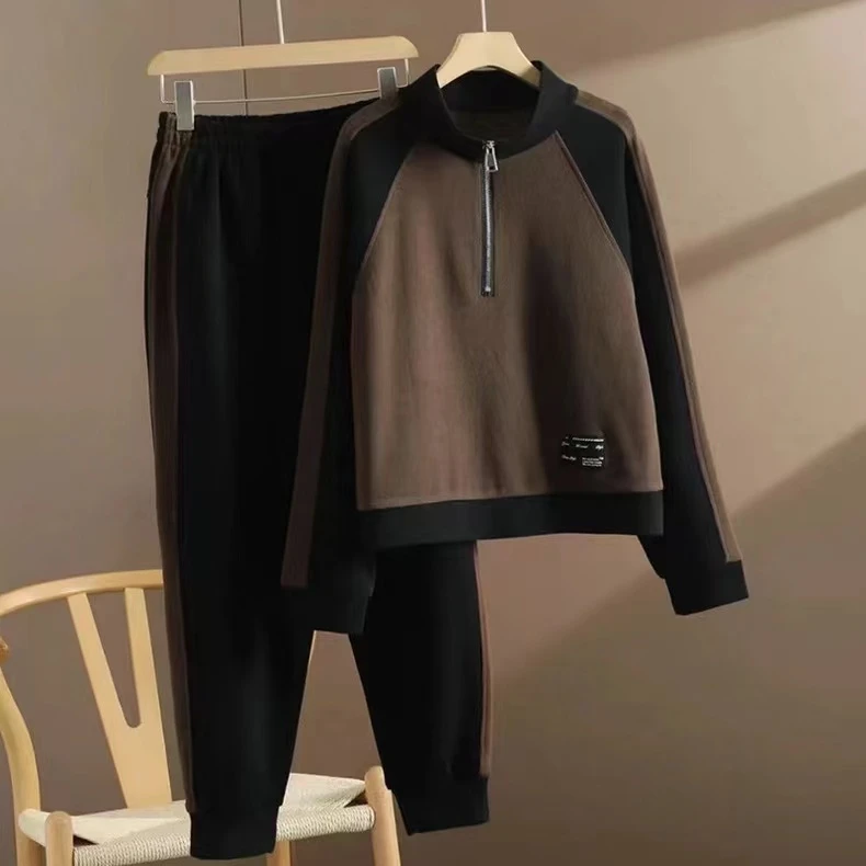 加绒加厚秋冬新款休闲洋气减龄运动套装立领上衣裤子百搭显瘦