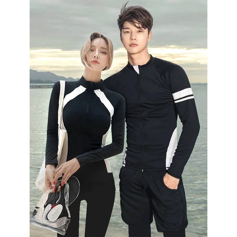 情侣潜水服女分体长袖防晒水母服浮潜服冲浪服男款套装显瘦游泳衣