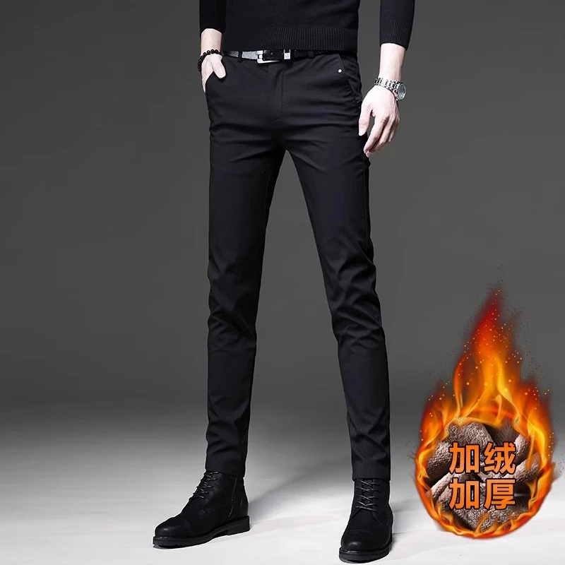 秋冬新款黑色休闲裤男士弹力修身小脚抗皱中腰秋季加绒西裤男百搭