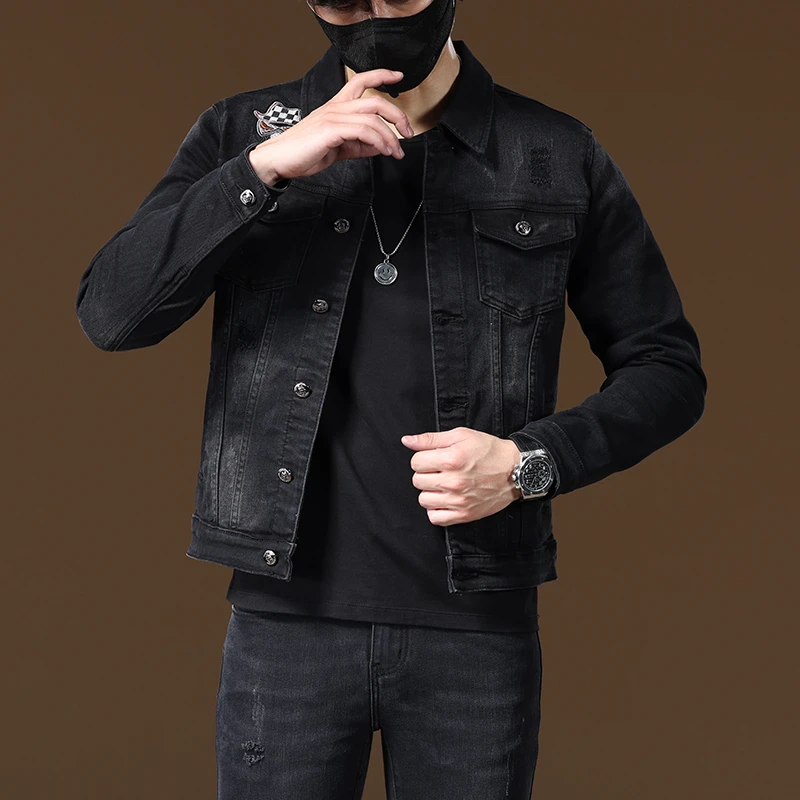 新款欧美黑色牛仔套男装潮牌印花潮流修身春秋高端夹克外套牛仔裤