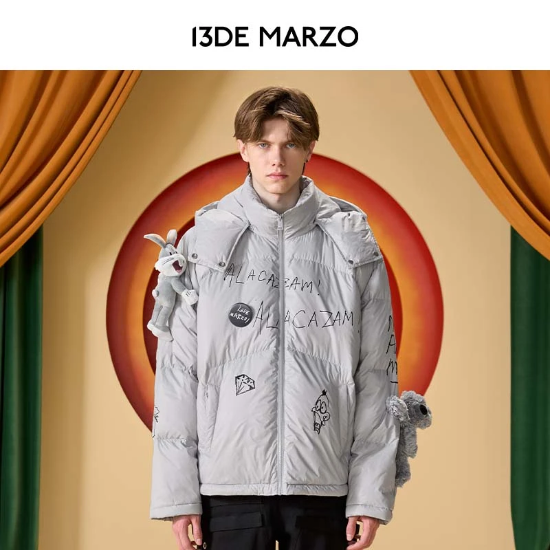 13DE MARZO90绒兔八哥联名系列涂鸦宽松休闲个性连帽羽绒服