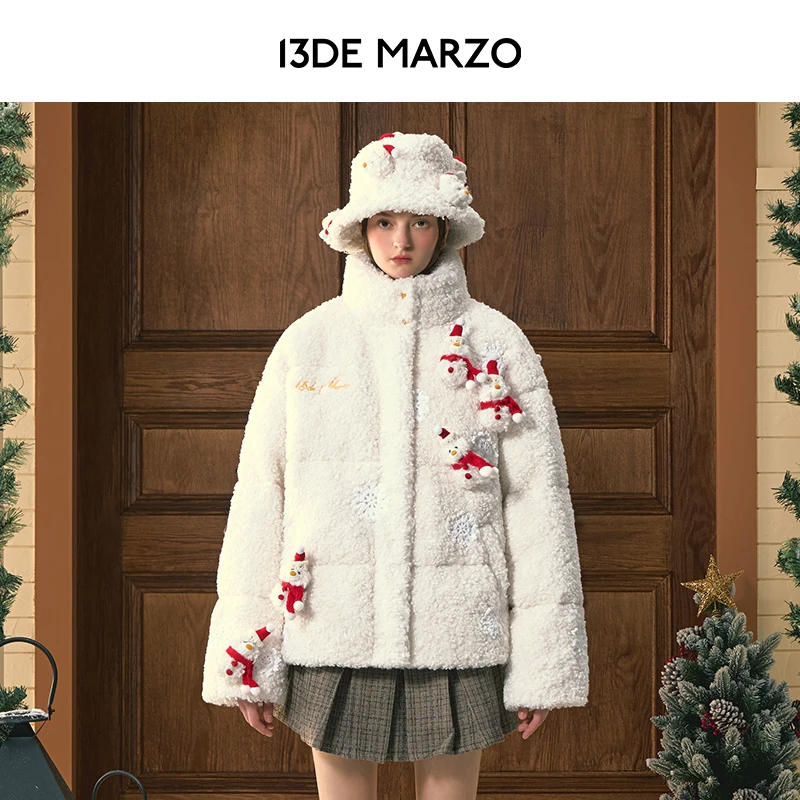 13DE MARZO男女同款 圣诞Mini小熊仿羊羔毛气质保暖羽绒服外套