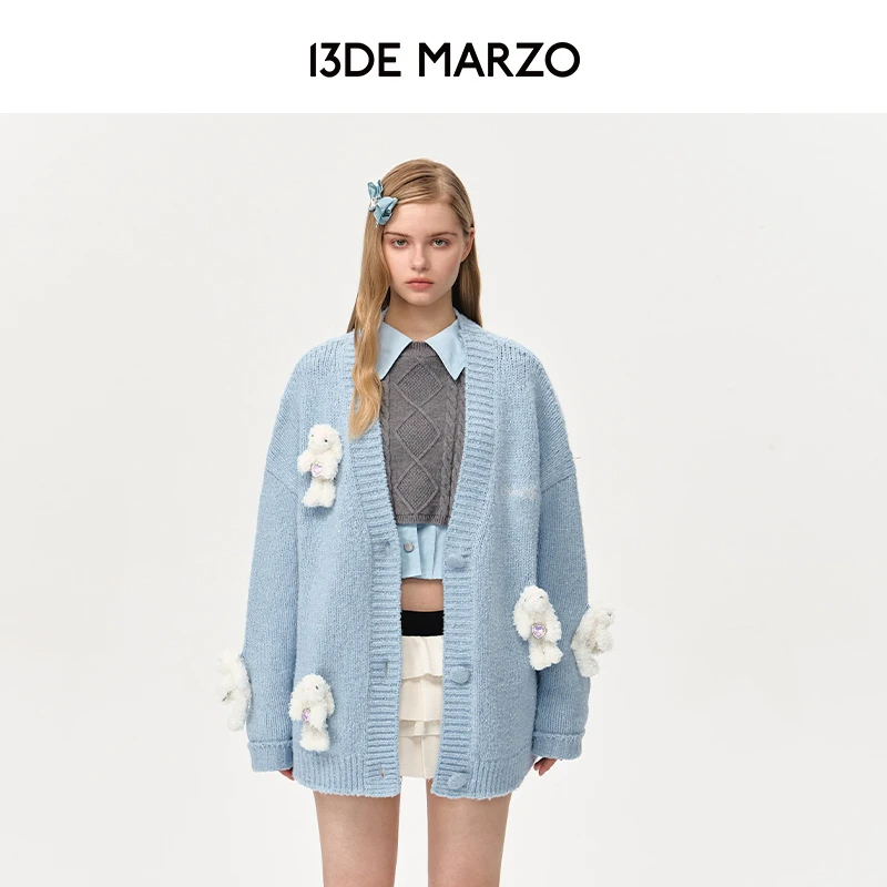 【张予曦同款】13DE MARZO钻石小熊针织开衫V领宽松毛衣专柜同款