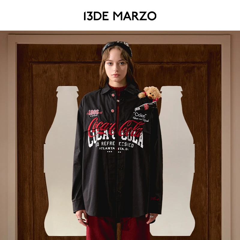 13DE MARZO男女同款可口可乐联名系列假两件拼接衬衫