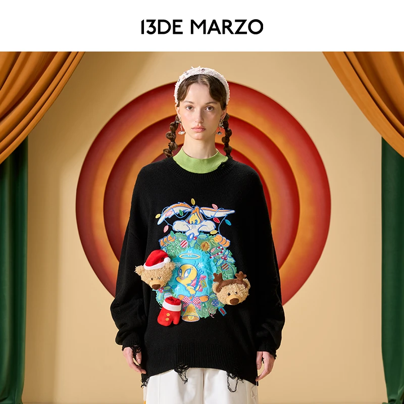 男女同款 新款兔八哥联名系列破洞针织衫圆领休闲卡通毛衣宽松