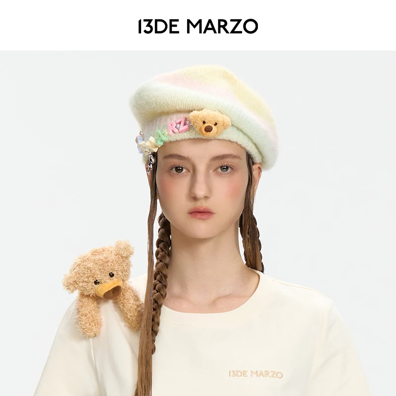13DE MARZO女士 24早春新款串珠Logo渐变时尚气质马海毛贝雷帽