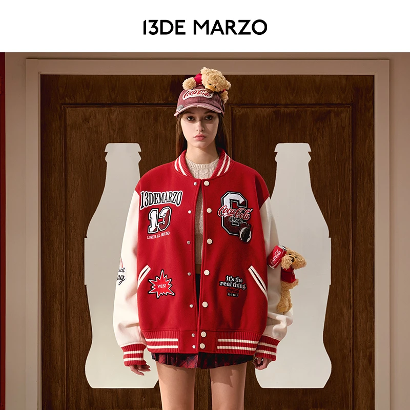 13DE MARZO男女同款 23秋冬新款可口可乐联名系列复古棒球服棉服