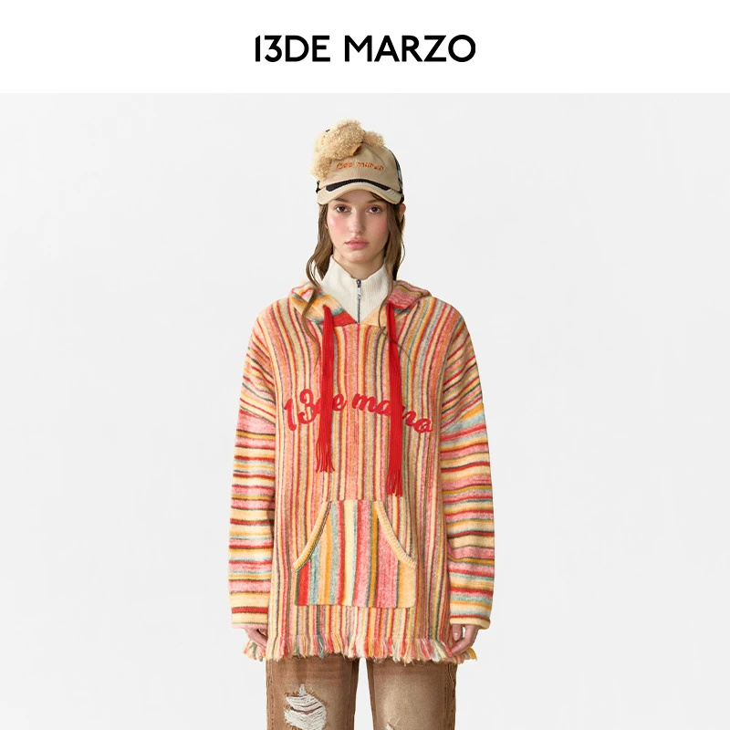 13DE MARZO男女同款 条纹针织玩偶时尚休闲帽衫复古宽松连帽毛衣