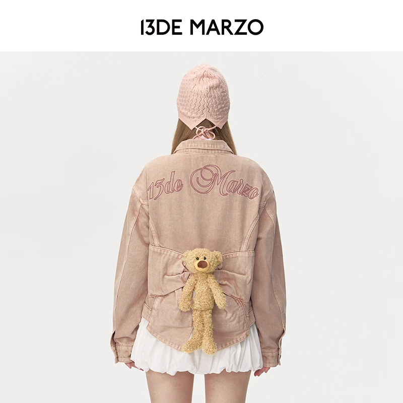 13DE MARZO女士 24早秋新款背后蝴蝶结牛仔外套复古翻领短款夹克