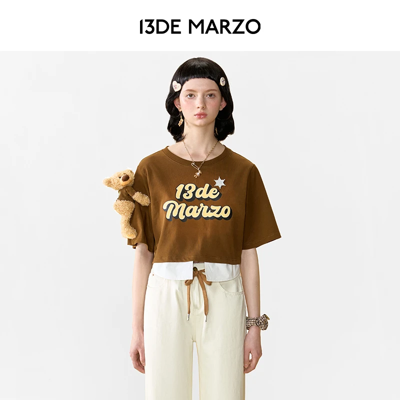 13DE MARZO女士 星星印花短款修身圆领百搭短袖时尚气质休闲T恤