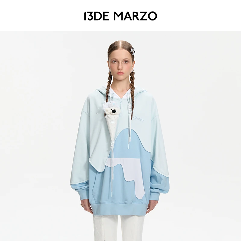 13DE MARZO男女同款 24早春新款冰淇淋拼接个性帽衫休闲连帽卫衣