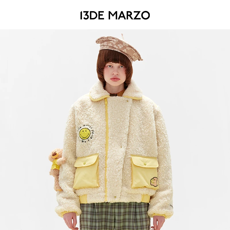 13DE MARZO男女同款 SMILEY联名系列笑脸斜挎包摇粒绒短款棉服