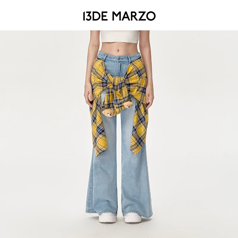 13DE MARZO女士 24早秋新款可拆卸衬衫两件套水洗微喇牛仔裤套装