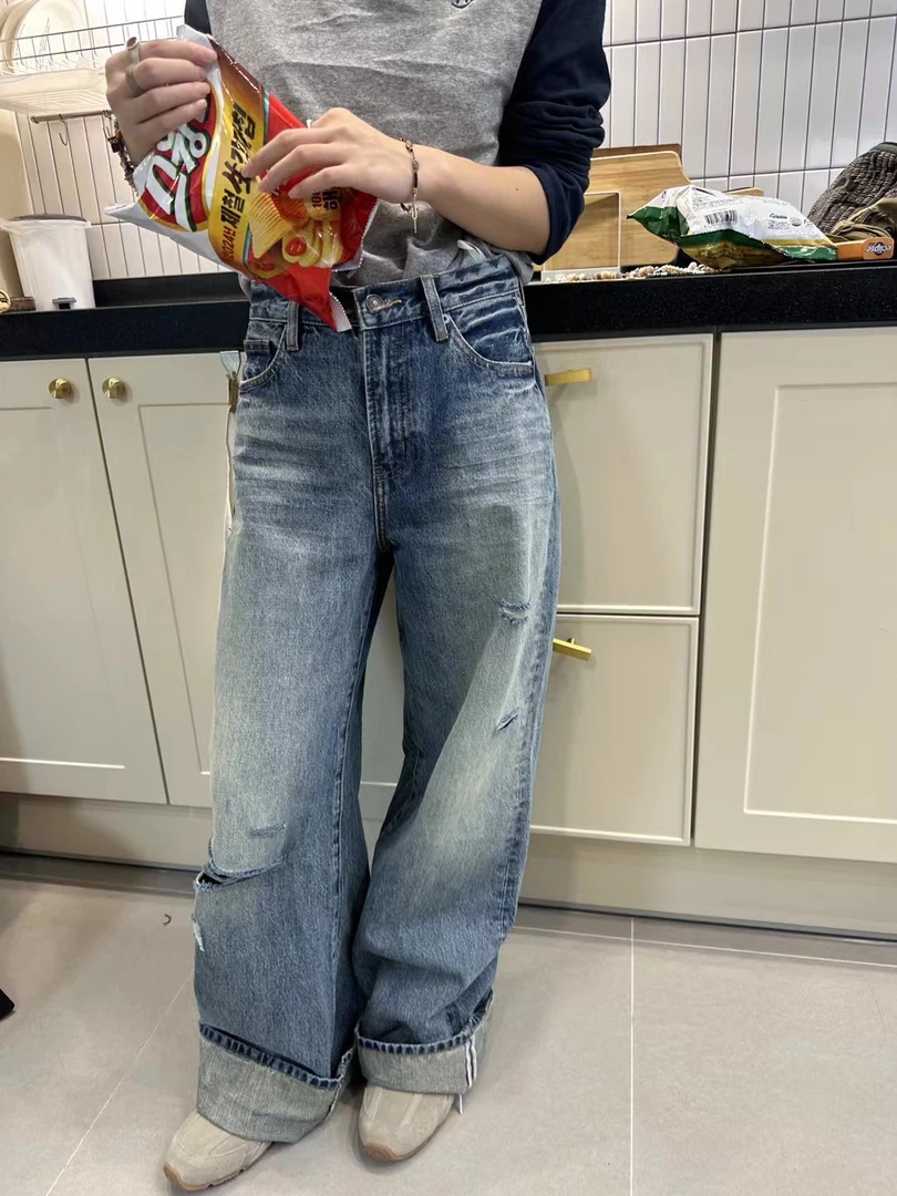 韩系复古破洞牛仔裤