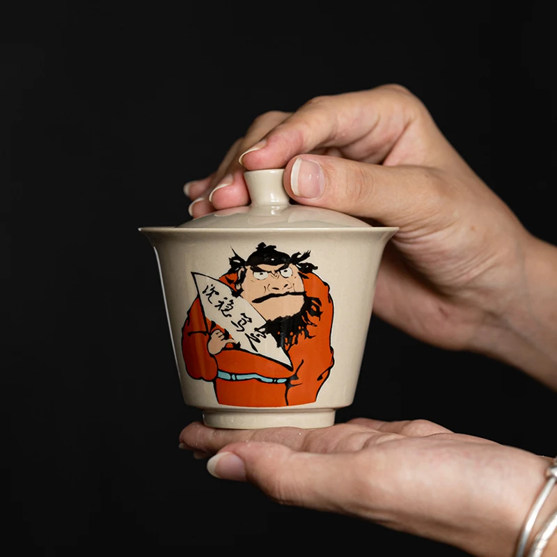 钟馗盖碗草木灰陶瓷单个茶杯泡茶国潮二才小号不烫手薄胎功夫茶具