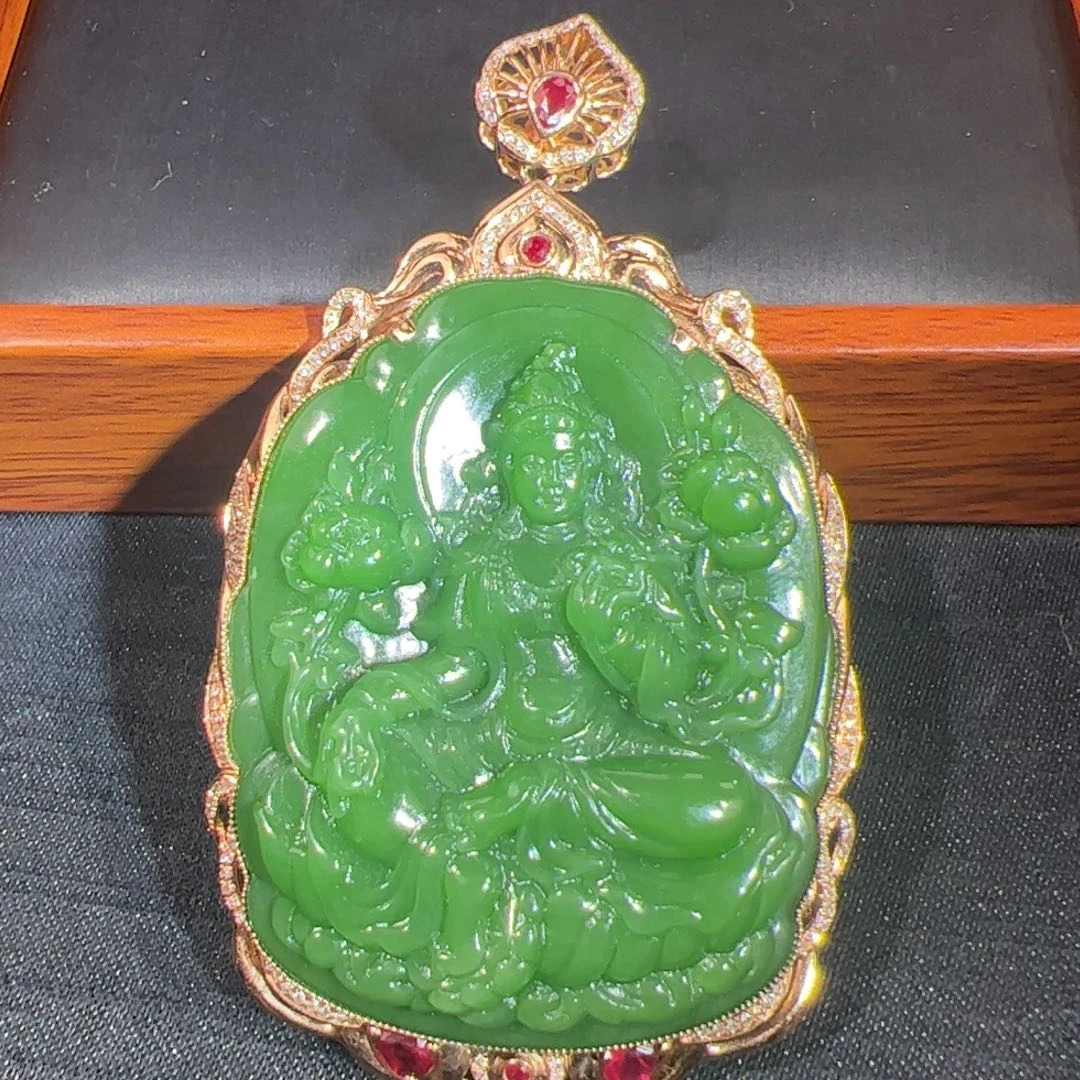 和田玉俄碧浓艳绿满色满肉起荧光度母18K金镶嵌