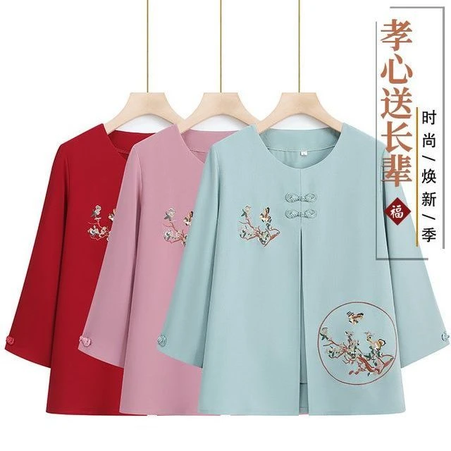 妈妈春夏装雪纺中袖两件套装30-70岁老年妈妈秋装假两件老人衣服