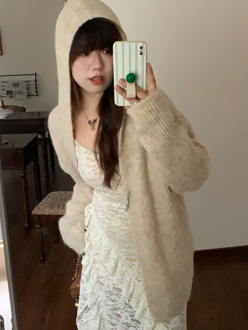 米米子“闪闪惹人爱”两色亮片宽松毛衣外套竖条纹开衫秋季新款上衣