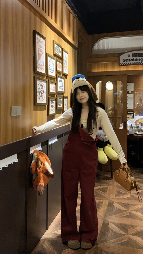 【现货】米米子定制安哥拉红牛仔背带裤蕾丝上衣两件套宽松连体裤