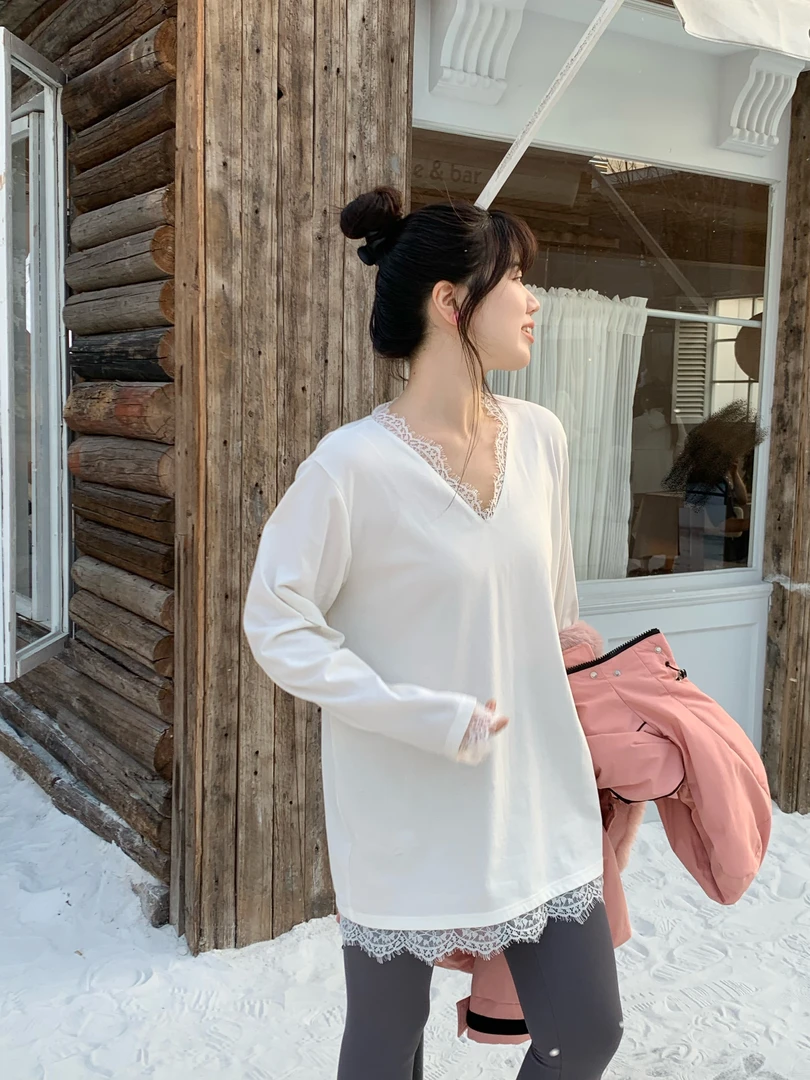 【现货】米米子定制法式蕾丝边V领长袖宽松上衣慵懒风中长款显瘦T恤