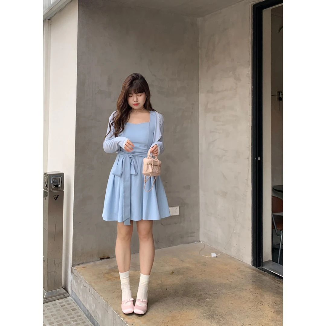 米米子【生日新品】“公路电影”两色长短款绑带连衣裙显瘦温柔风夏季