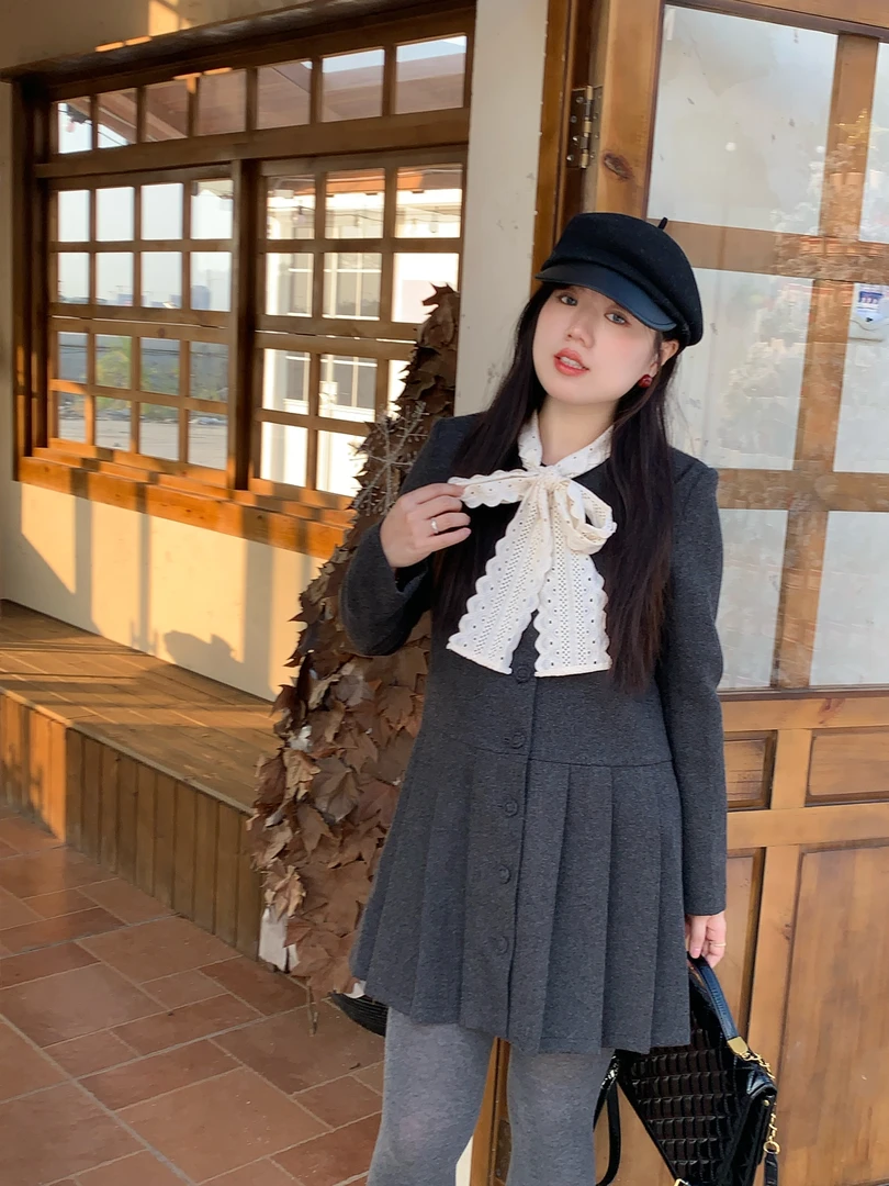 【现货】米米子定制法式小香风毛呢连衣裙短款百褶裙显瘦秋冬新款