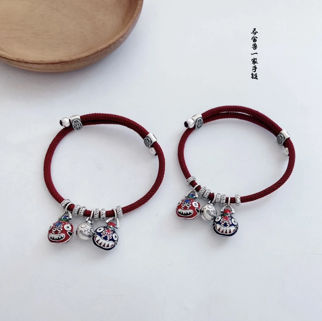 足银珐琅手链 中国风复古做旧纯手工彩色吞金兽999纯银手链银制品