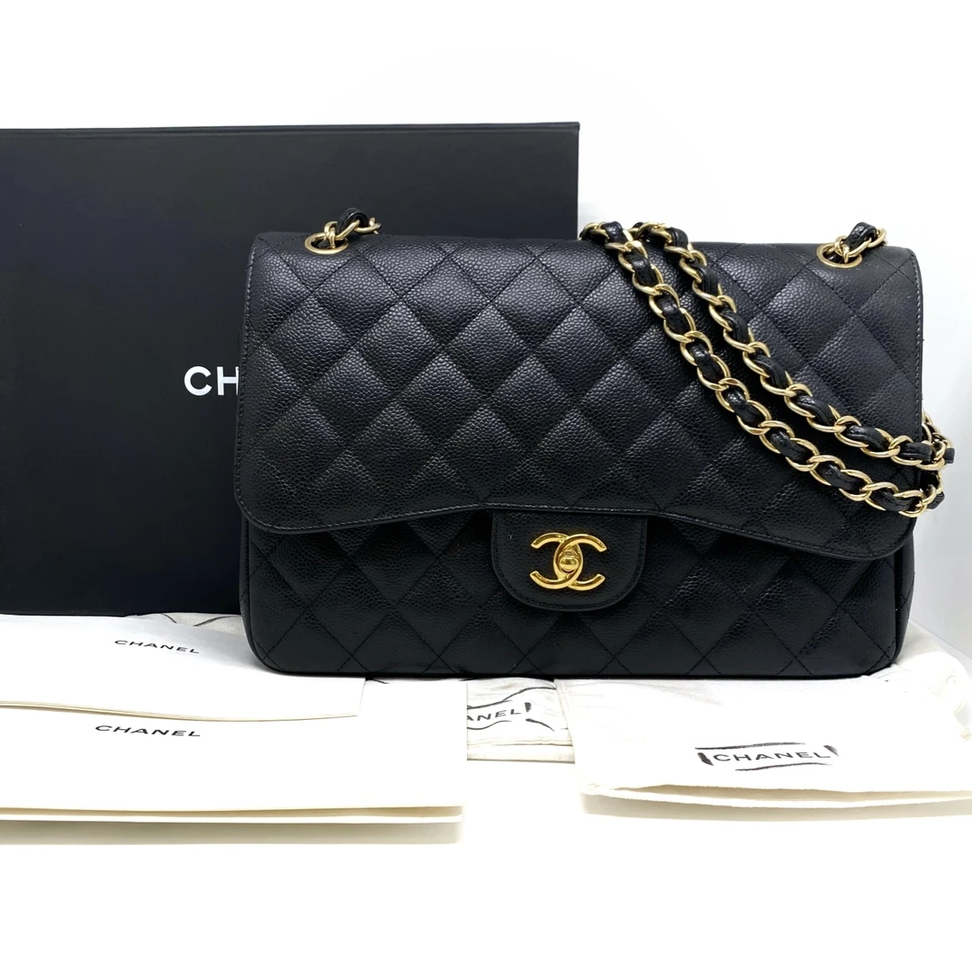 95新  Chanel香奈儿黑金荔枝牛皮CF jumbo大号链条包