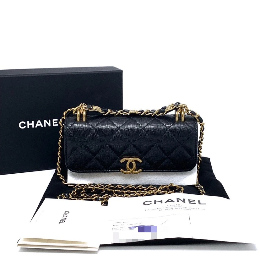 99新  Chanel香奈儿22K黑金荔枝牛皮链条包手机包大全套
