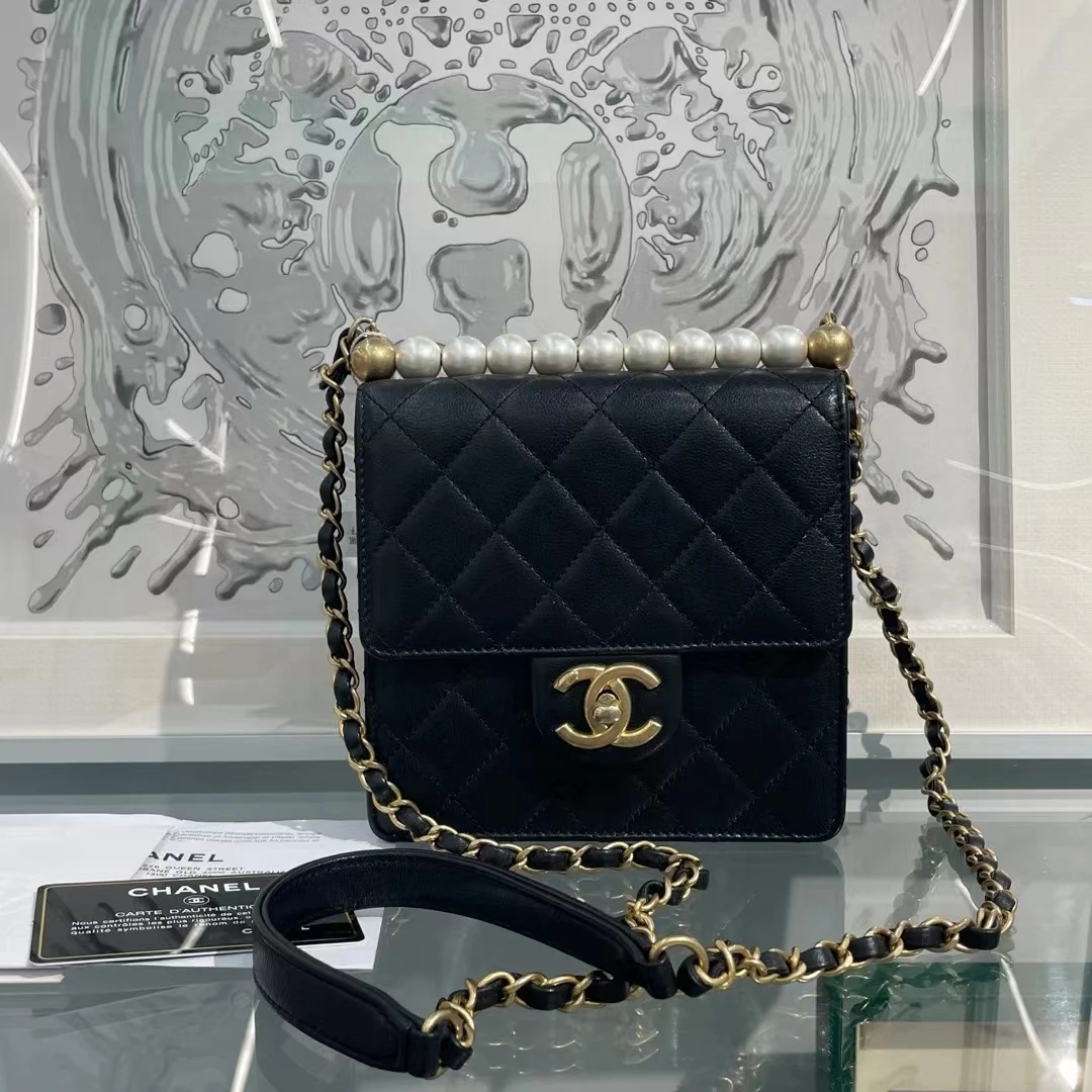 99新  Chanel香奈儿 黑金珍珠 flap bag竖版链条单肩包