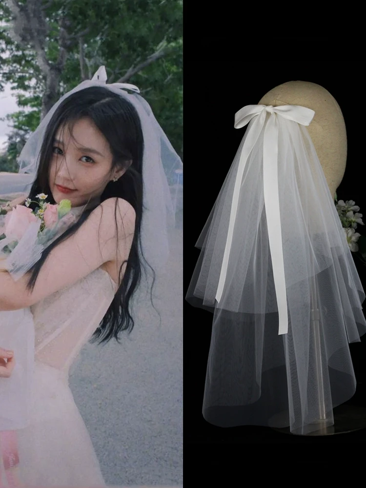 蝴蝶结气质简约短款结婚拍照领证登记双层白色头纱白纱婚礼新娘