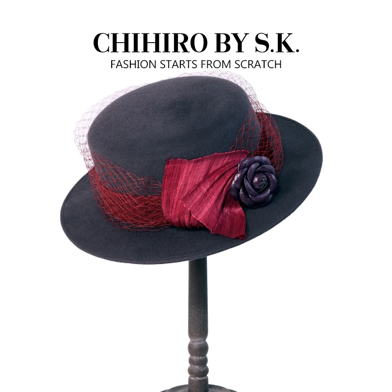 CHIHIRO BY S.K./新帽馆冬季时尚烟红花影网纱法式礼帽